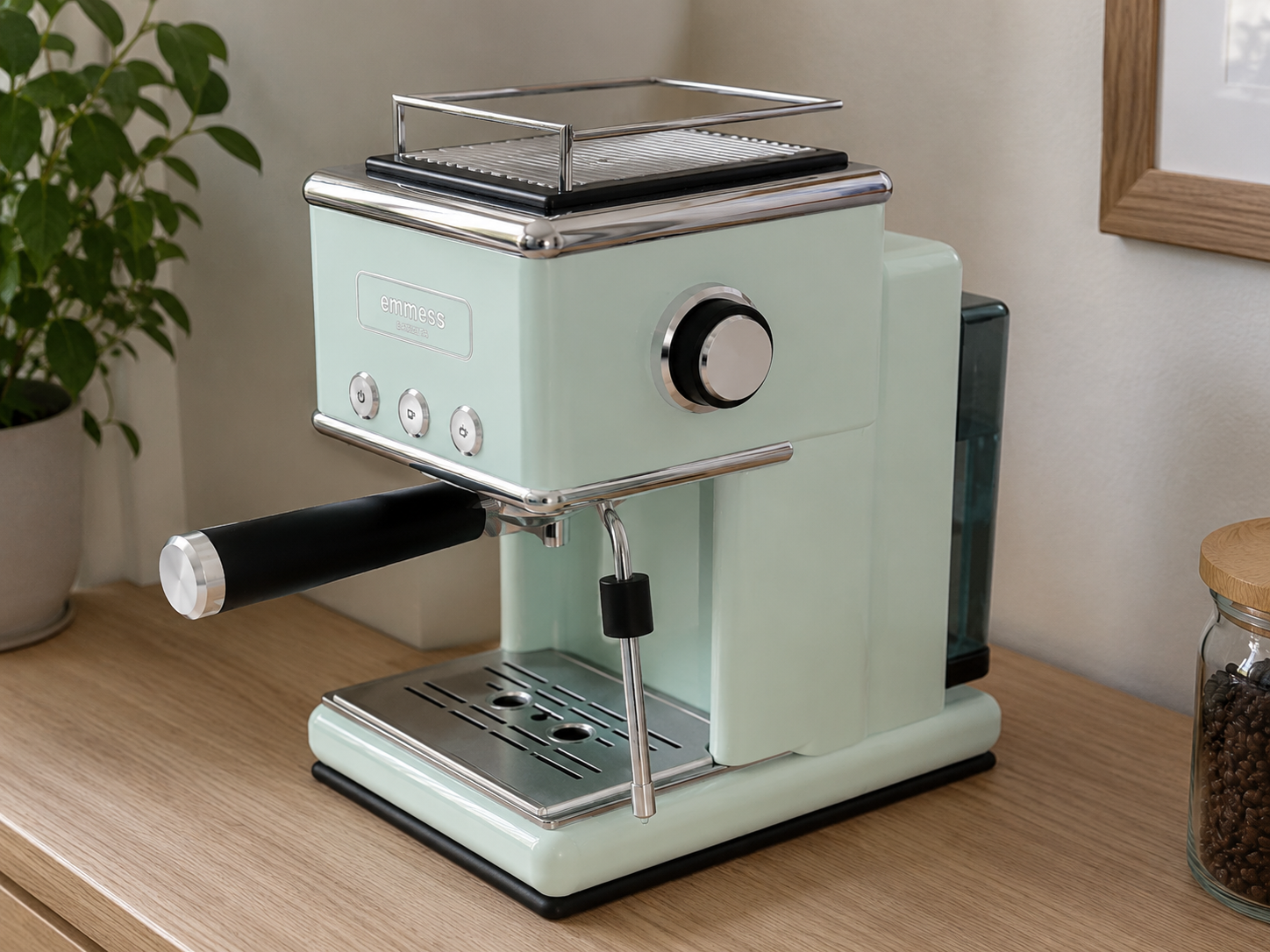 First lifestyle reference of the mint Emmess coffee machine